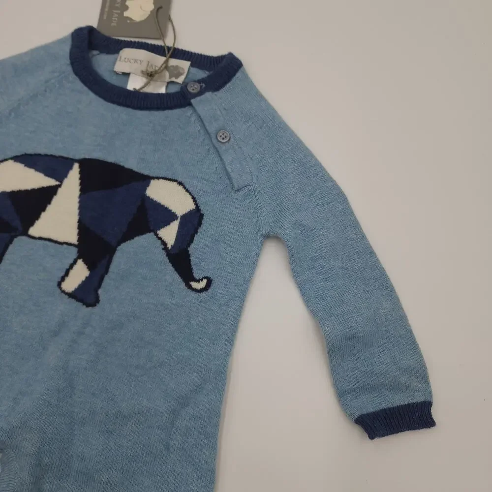 Lucky Jade Geometric Elephant Coverall Cashmere Cotton Bodysuit Blue Size 0/3